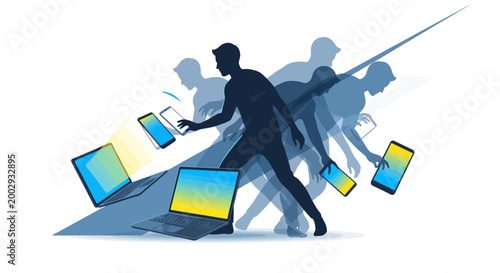 Silhouette of a man in motion shown passing multiple devices against a white background, including a laptop, tablet, and phone, all rendered in shades of blue and yellow to convey speed
