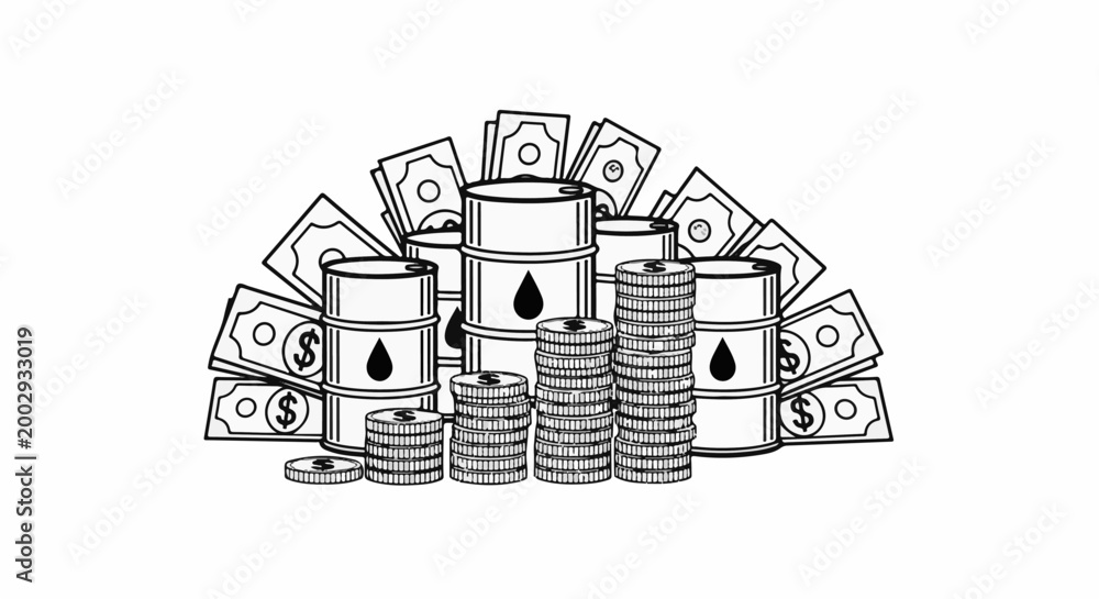 Fototapeta premium Stacked oil barrels with dollar bills and coins represent petroleum commodity
