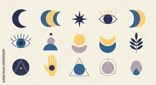 Set of Mystical Esoteric Symbols and Celestial Icons in Minimalist Flat Style