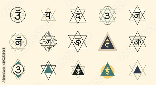 Set of Sacred Geometry Symbols with Devanagari Script and Geometric Shapes