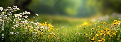 A gentle meadow scene with white and yellow wildflowers in focus