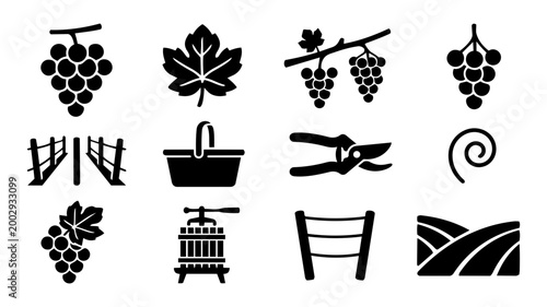 Vineyard and Viticulture Silhouette Icon Set – Grapes Leaf Vine Harvest Wine Production Collection
