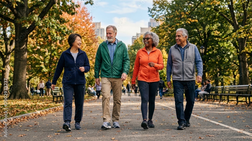 Obraz premium Group of mature friends walking together in autumn park. Two senior men and two senior women enjoying active lifestyle, friendship, conversation and sunny fall weather in nature.