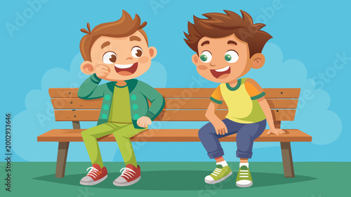 Two happy boys sitting on park bench talking