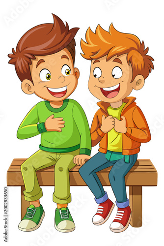 Two smiling boys sitting on wooden bench isolated