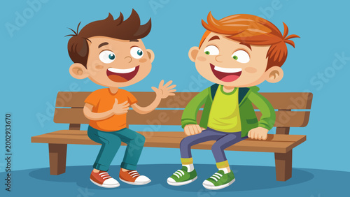 Two boys on bench waving hello illustration