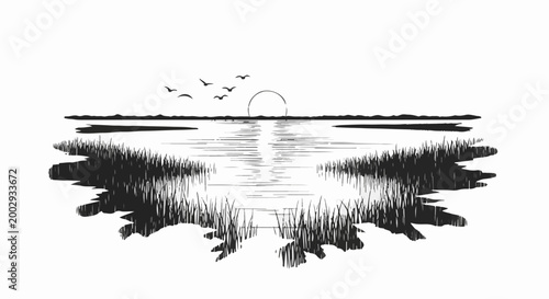 Silhouette of marsh grass and flying birds over water at sunset