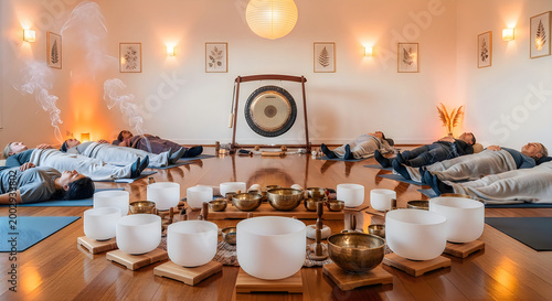 People lying down on mats in a sound healing therapy session with singing bowls and a gong