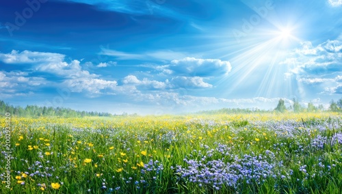 Vibrant sunbeams illuminate a diverse wildflower meadow under a bright blue sky
