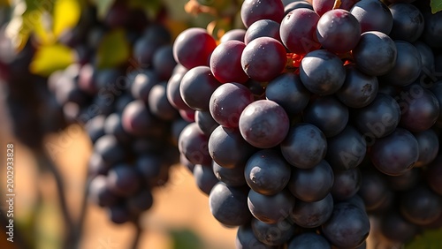 Cluster of deep purple grapes with natural bloom, glistening under warm sunlight.