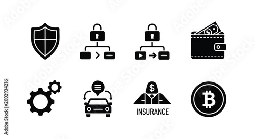 Set of security and financial icons including shield protection locked data folders leather wallet with cash automotive insurance and bitcoin coin.