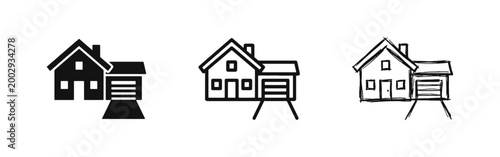 Bild auf Leinwand House with garage and driveway icon set in glyph, line, and sketch styles for re