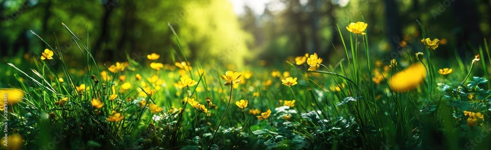 Fototapeta premium Close-up of a sunlit meadow with bright yellow wildflowers and lush green grass