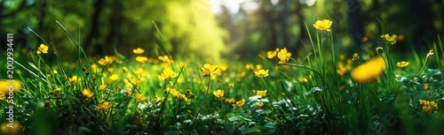 Close-up of a sunlit meadow with bright yellow wildflowers and lush green grass