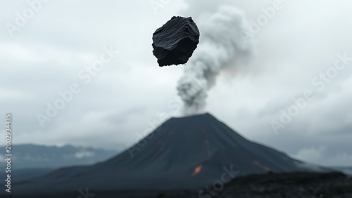A dark volcanic rock flying through an ashy sky near an erupting volcano.