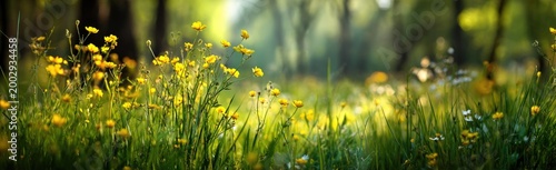 Sunlit meadow with yellow wildflowers and blurred trees in the background