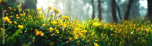 Sunlit meadow filled with yellow flowers and green grass