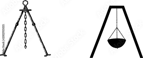 The robust cast iron campfire tripod features a sturdy chain mechanism for secure anchoring in various outdoor settings