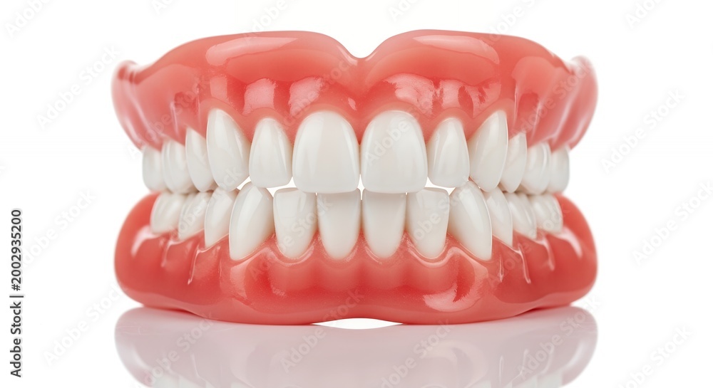 Obraz premium Dental prosthetics with pink gums and white teeth on reflective surface