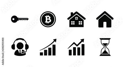 Modern black icons for finance and business, including key, bitcoin, house, headphone support, and growth charts, hourglass symbolizing time and value.