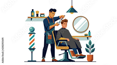 Man getting haircut at barbershop chair.