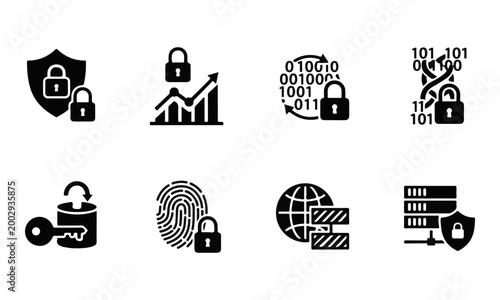 Set of 8 Security and Privacy Icons. Data Protection and Digital Security Vector Illustration.