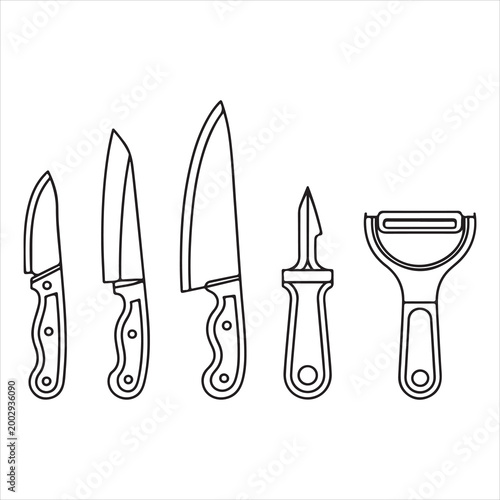 Five essential kitchen tools including knives and peeler