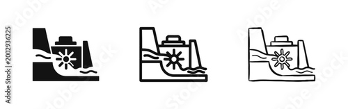 Hydroelectric Dam Renewable Energy Icon Set - Water Turbine Glyph Outline and Sketch Styles