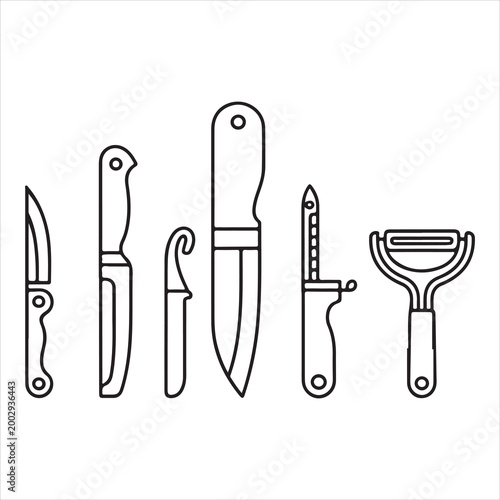 Five distinct kitchen and utility cutting tools in black and white line art