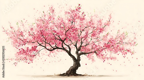 Blossoming cherry tree branch with pink flowers on transparent background