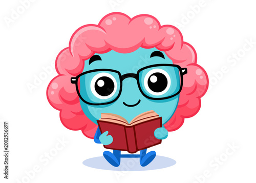 Happy cartoon brain character with pink hair reads red book