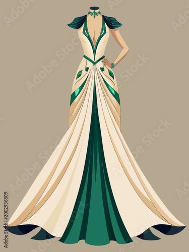 Elegant cream and green gown with dramatic flowing train