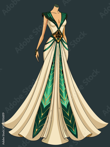 Elegant green and gold accent evening gown illustration