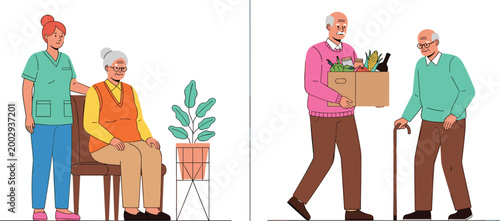 Senior Care Assistance Collection with Caregiver Helping Elderly Woman Sitting and Man Carrying Grocery Box Supportive Aging Lifestyle Vector Illustration Set