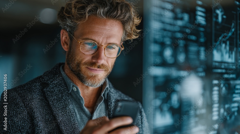 Fototapeta premium Business executive using smartphone for AI analytics in modern office, focused on data insights, clean vertical composition, soft daylight, premium professional lifestyle concept
