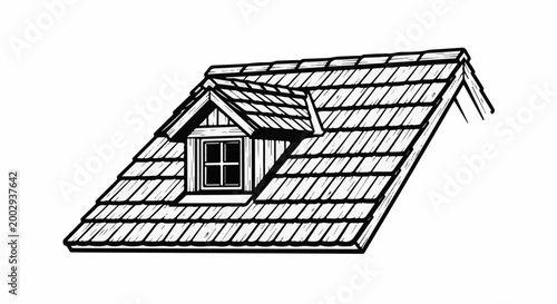Detailed illustration of a wooden shingled mansard roof with a dormer window