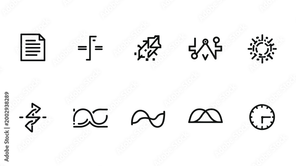 Fototapeta premium Icons of Innovation: A collection of meticulously crafted, minimalist icons, symbolizing key elements of modern technological and scientific progress. The simple.