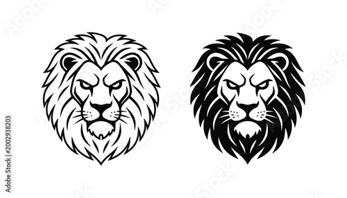 Aggressive lion head mascot vector design with fierce expression in detailed line art and bold black silhouette styles for sports branding and emblem graphics