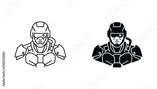 Futuristic soldier in tactical armor head and shoulders portrait vector icon in black and white for sci-fi gaming branding