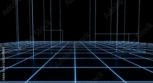 Abstract Digital Grid Background with Glowing Blue Neon Lines in Dark Space