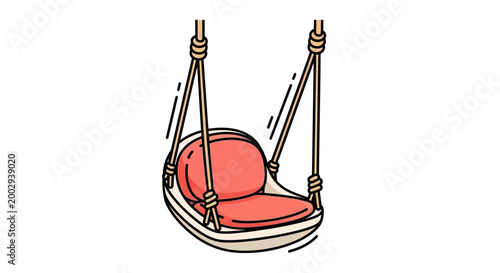 Swinging chair illustration with red cushion and white frame