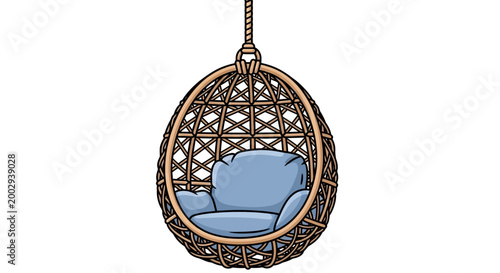 Wicker Hanging Egg Chair with Blue Cushion, Isolated on White Background