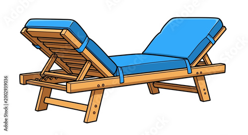 Wooden deck chair with blue cushion, isolated on white background