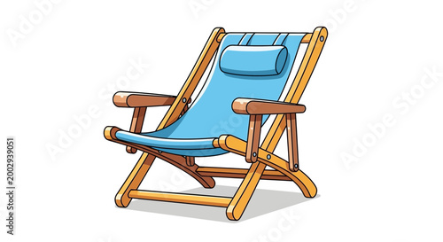Wooden deck chair with blue fabric on white background