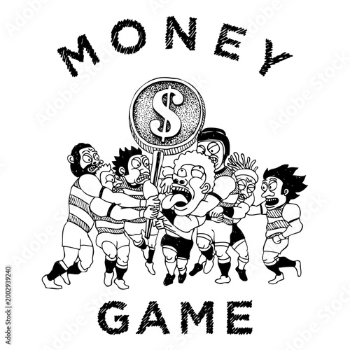 Fierce business competition metaphor with rugby scrum, people fighting for money, minimalist hand-drawn style vector
