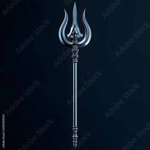 Elaborate, detailed silver trident weapon with a decorative head and pointed prongs. Metallic sheen.