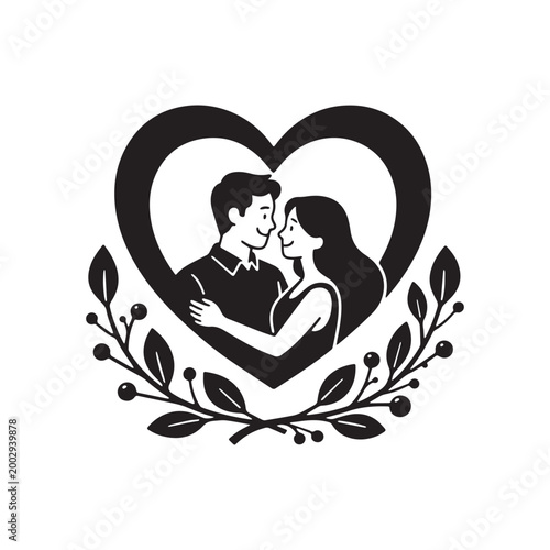 Romantic Couple Silhouette Illustration with Heart Frame and Laurel Wreath Design Elements. 