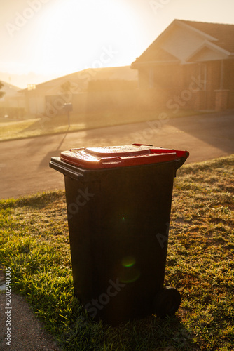 Golden sunlight on misty morning over rubbish bin out for fortnightly curbside pickup