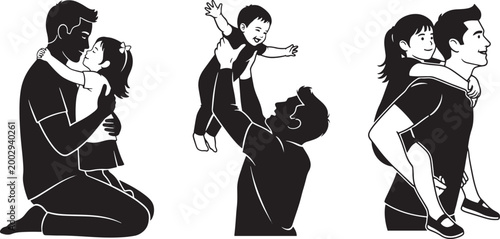 Father hugging daughter, father throwing child in air, father giving piggyback ride to child.