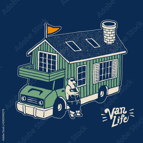 Tablou pe pânză Modern nomadic lifestyle mascot, bear traveler with sentient house truck charact